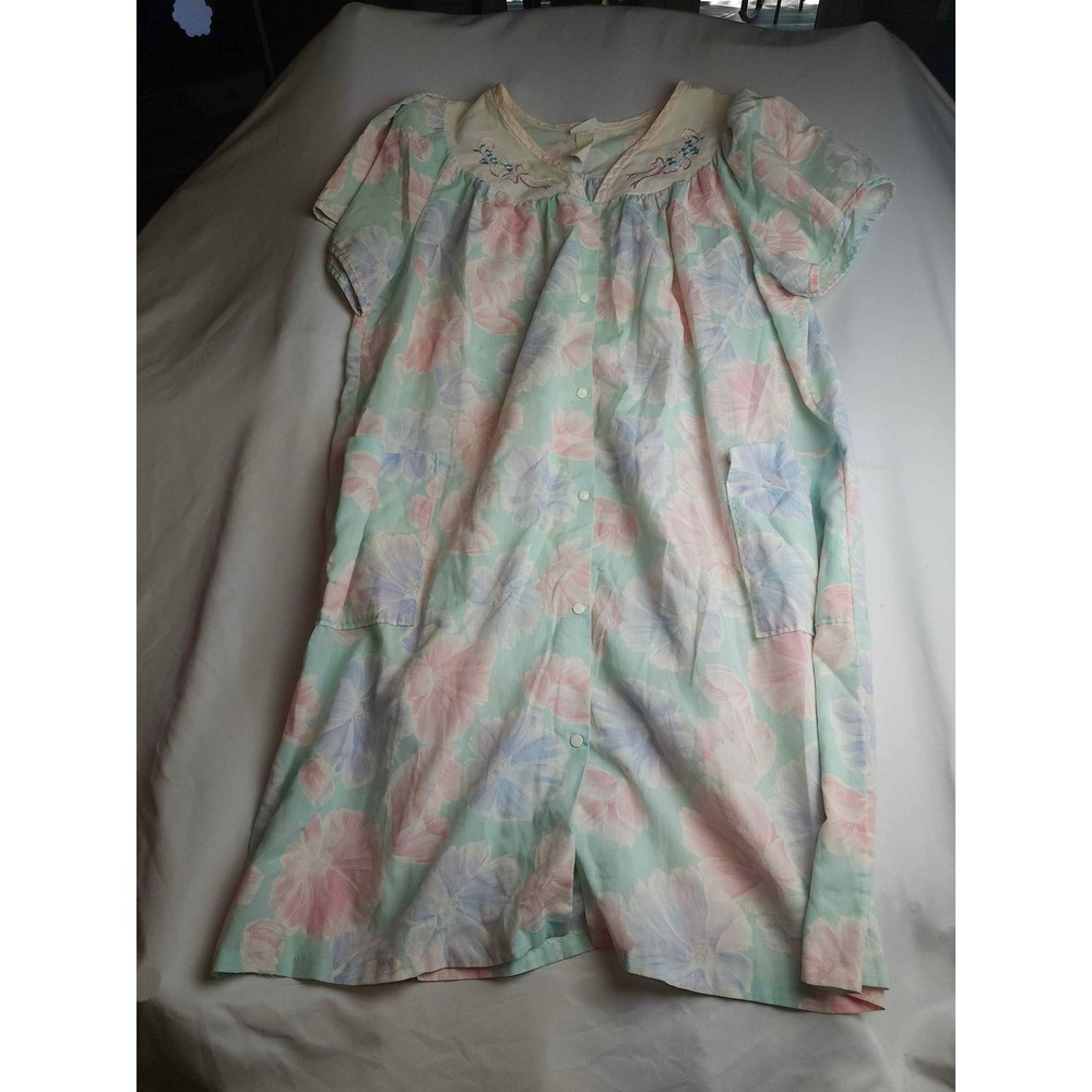 Morning News Vintage Floral House Dress Snap Front Duster Robe Pastel Womens 3X